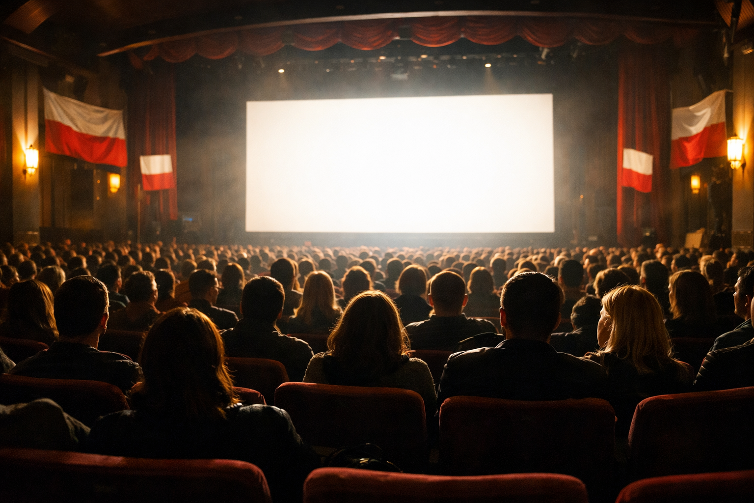 Widownia festiwalu filmowego w ciemnej sali kinowej